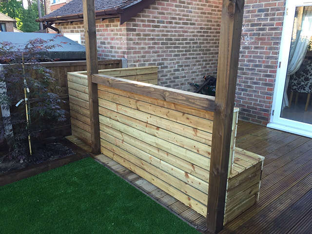 Seating area overview showing bench and decking together